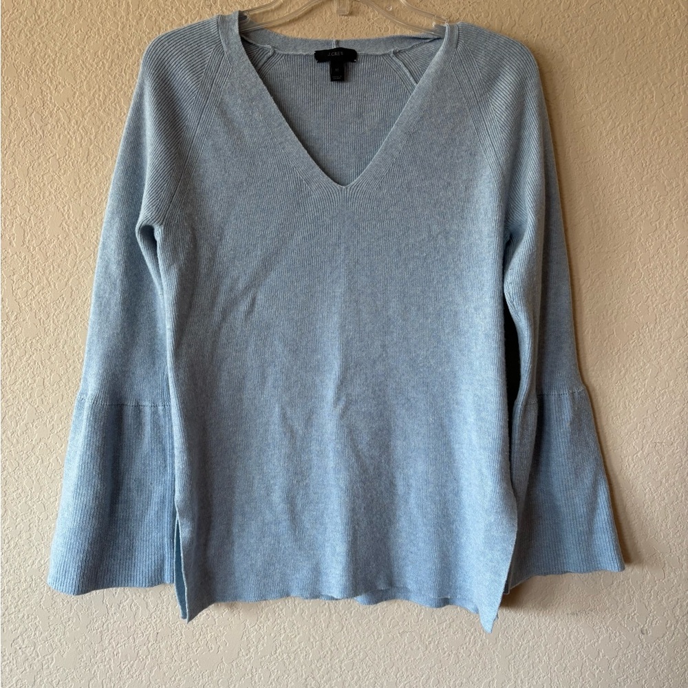 J. Crew Peplum Bell Sleeve‎ V Neck Sweater Powder Blue Wool Blend Small Cozycore